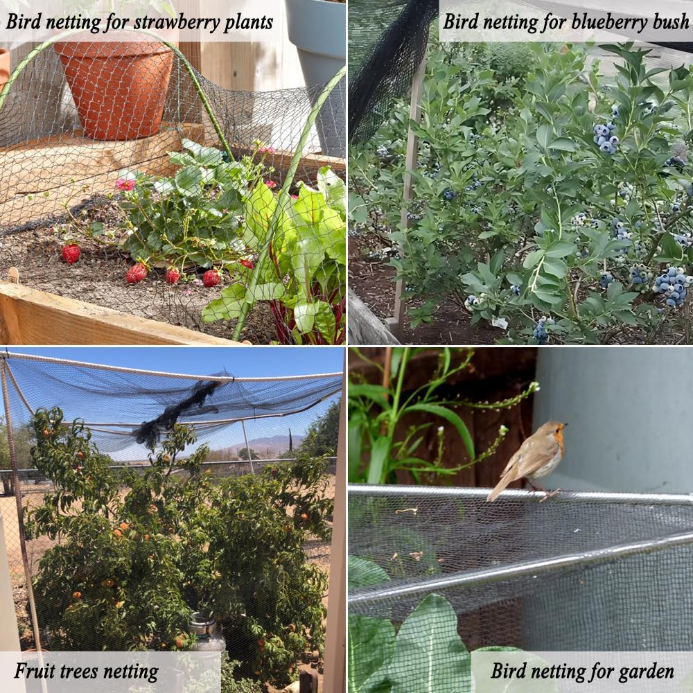 Junflying Bird Netting, 15x20 FT – 1/2" Mesh, Woven Black Netting for Garden Protection with Ties, Protects Vegetables, Fruit Trees, Blueberry Bushes & Strawberry Plants