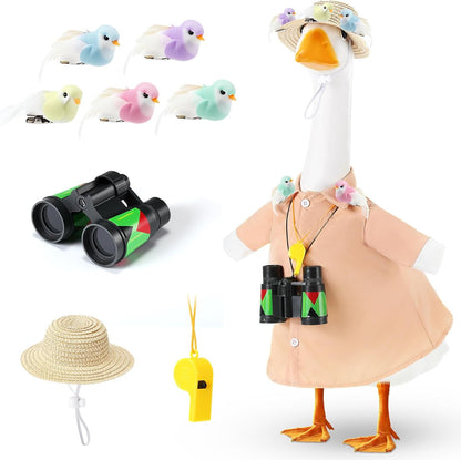 9 Pcs Bird Watcher Goose Outfits Hiking Costume Clothing T-shirt Straw Hat Binoculars Birds Whistle for 23'' Cement Porch Goose Summer Outdoor Garden Yard Lawn Patio Statue Art