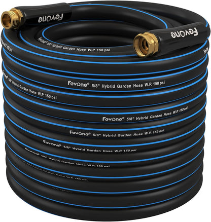Fevone 100 ft x 5/8" Heavy Duty Garden Hose, Kink-Free Hybrid Polymer Water Hose, Lightweight Outdoor Hose with 3/4" Brass Fittings, Leak-Free Connection, All Weather Flexible