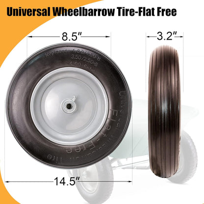 Universal Wheelbarrow Tire Flat Free 14.5"D x 3.2"W, Fits 4.80/4.00-8, 3.50/2.50-8, 4.00-6, 4.00-8 Wheelbarrow Wheels, installed 5/8" Bearing with Extra 3/4" Bearing,3"- 6" Center Hub (2 Pack)