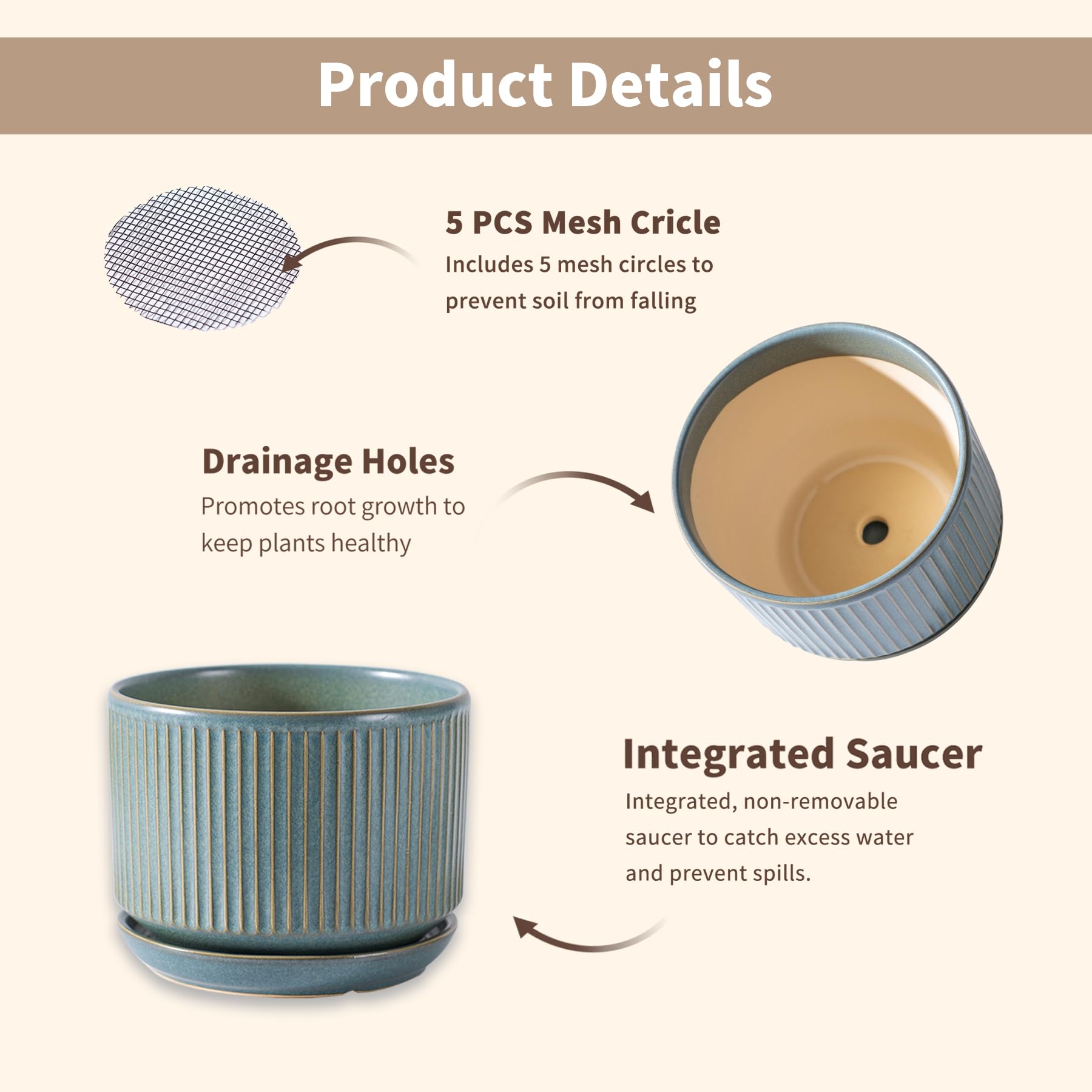 SURE YUESI Ceramic Plant Pots Set of 3, Indoor Outdoor Planters with Drainage Hole and Saucer
