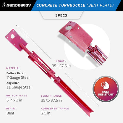 Sandbaggy Concrete Turnbuckle Form Aligner with 5" x 3" Bent Plate (35" - 37.5" Length) - Rust Resistant Steel - Adjustable Wall Brace - Aligns & Plumbs Form Walls, Columns, or Beams (35 inches, 4)