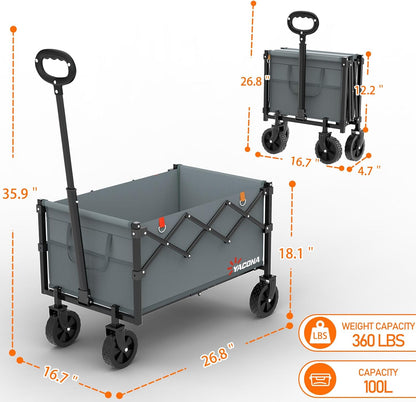 Wagons Carts Foldable, Lightweight Portable Utility Shopping Cart with Wheels, Folding Grocery Wagon Cart for Grocery, Camping, Shopping, Beach, Garden, Sports Grey