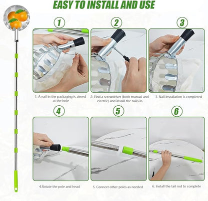 Fruit Picker and Gardening Harvest Storage Apron Set - 2.8m/9.2ft Fruit Picker Tool with Telescopic Handle, Stainless Steel Connecting Pole and Drawstring Storage Bag, Picker for Apple Lemon Cherry