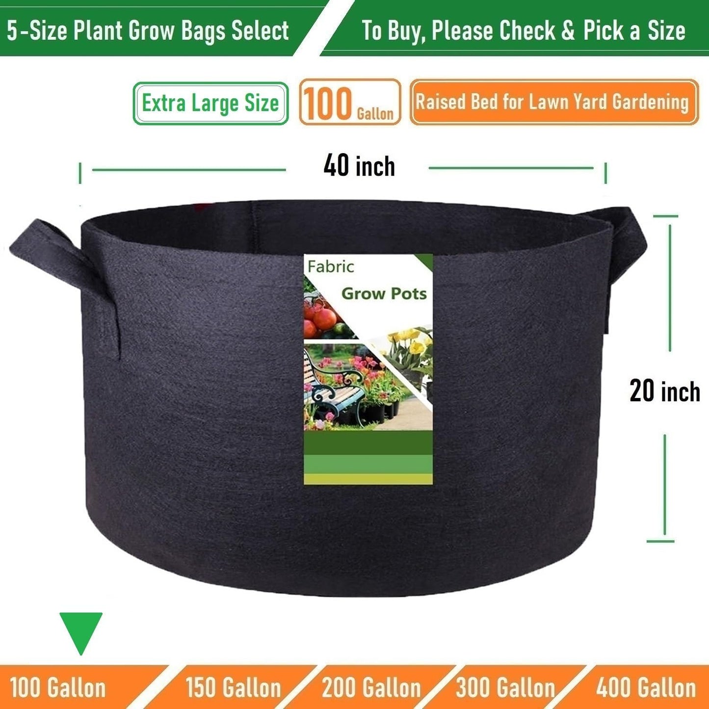 100 Gallon Large Raised Garden Bed Bag (40x20 inch) Big Garden Bag Sturdy Plant Grow Bag for Tomato,Potato Planter,Herb Veggies Planter Bag,Flower Bed,Yard Waste Bag,Lawn Debris Bag,Leaf Bag W/ Gloves