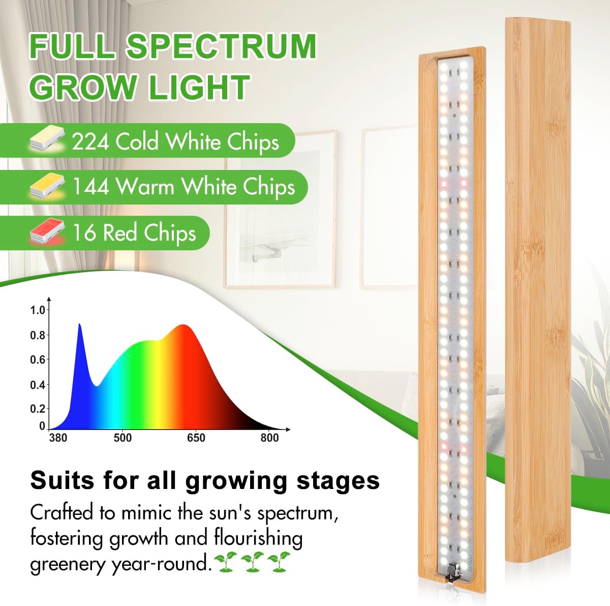 FOXGARDEN Grow Light, Bamboo Full Spectrum Plant Light Strip for Indoor Plants, 384 LED Bright Grow Lamp with Auto On/Off Timer 4/8/12H, 3 Switch Modes, 10 Dimmable Levels, 4 Strips with 1 Controller