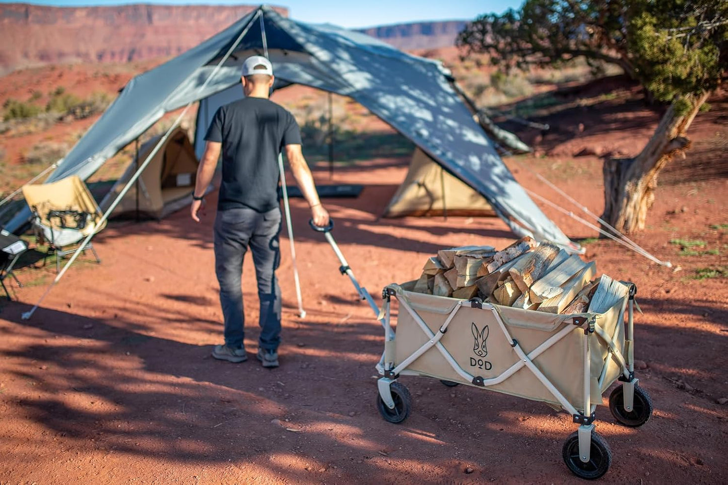 DOD Uma Foldable Wagon Cart with Wheels - Heavy Duty Collapsible Folding Wagon for All Outdoor Activities - Tan
