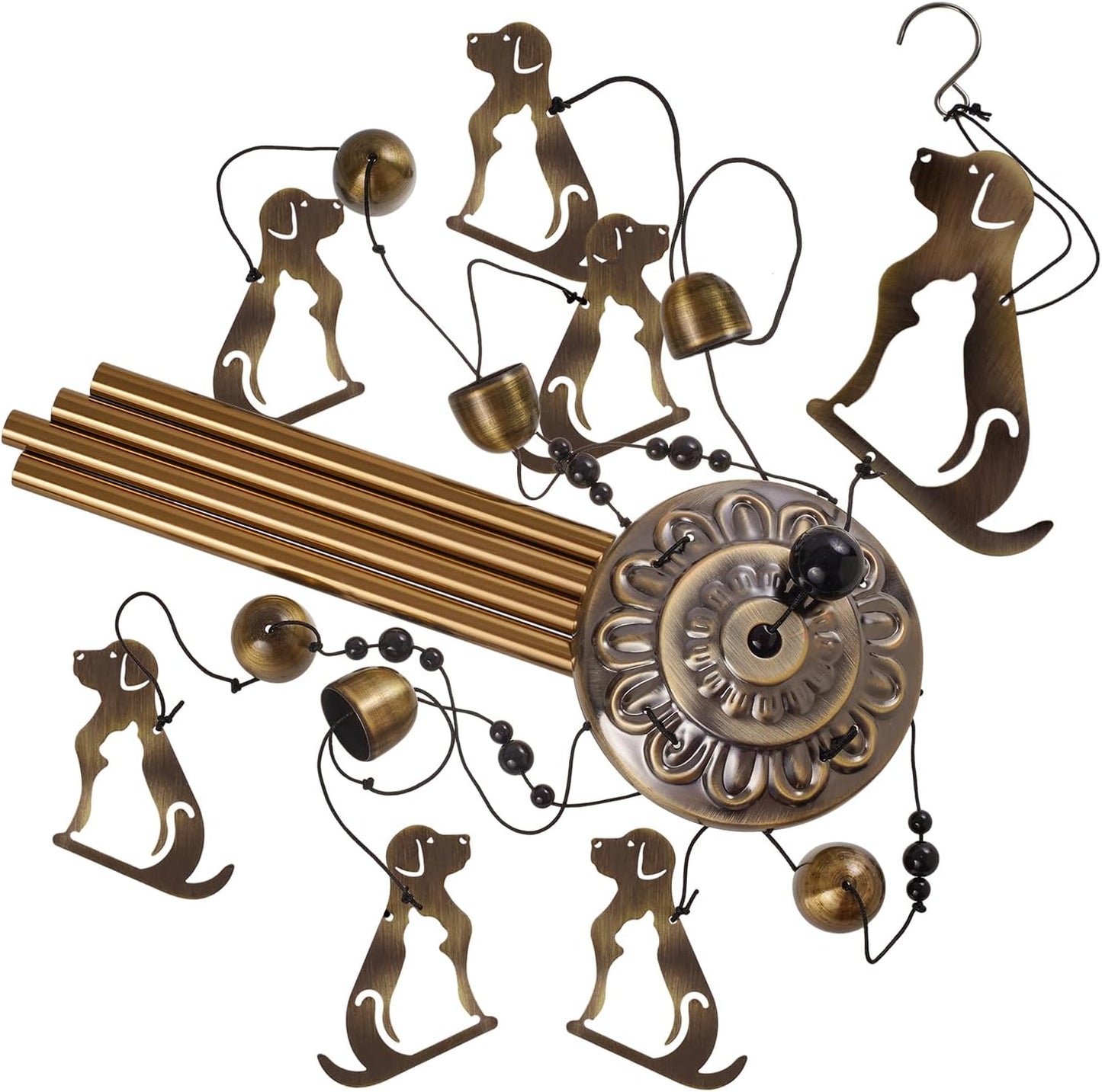 Outdoor Dogs Wind Chimes Indoor Decor - Hand-Made Mobile Romantic Bronze Wind Catcher, 36" Puppys Wind Bells for Home, Balcony, Patio, Garden Festival Decoration, Gift for Mom(4 Tubes, 6 Bells, 7Dogs)