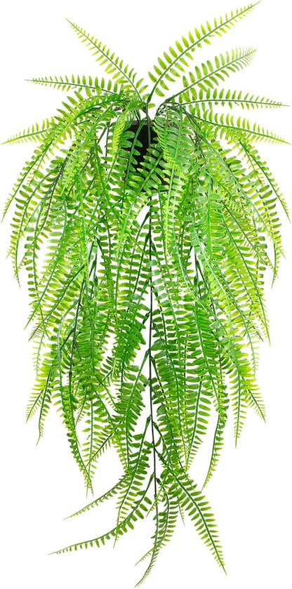 Small Artificial Hanging Plant for Shelf Fake Plant Potted Boston Ferns Faux Trailing Leaves Plant for Indoor Outdoor Aesthetic Office Living Room Shelf Decor (Black Pot)