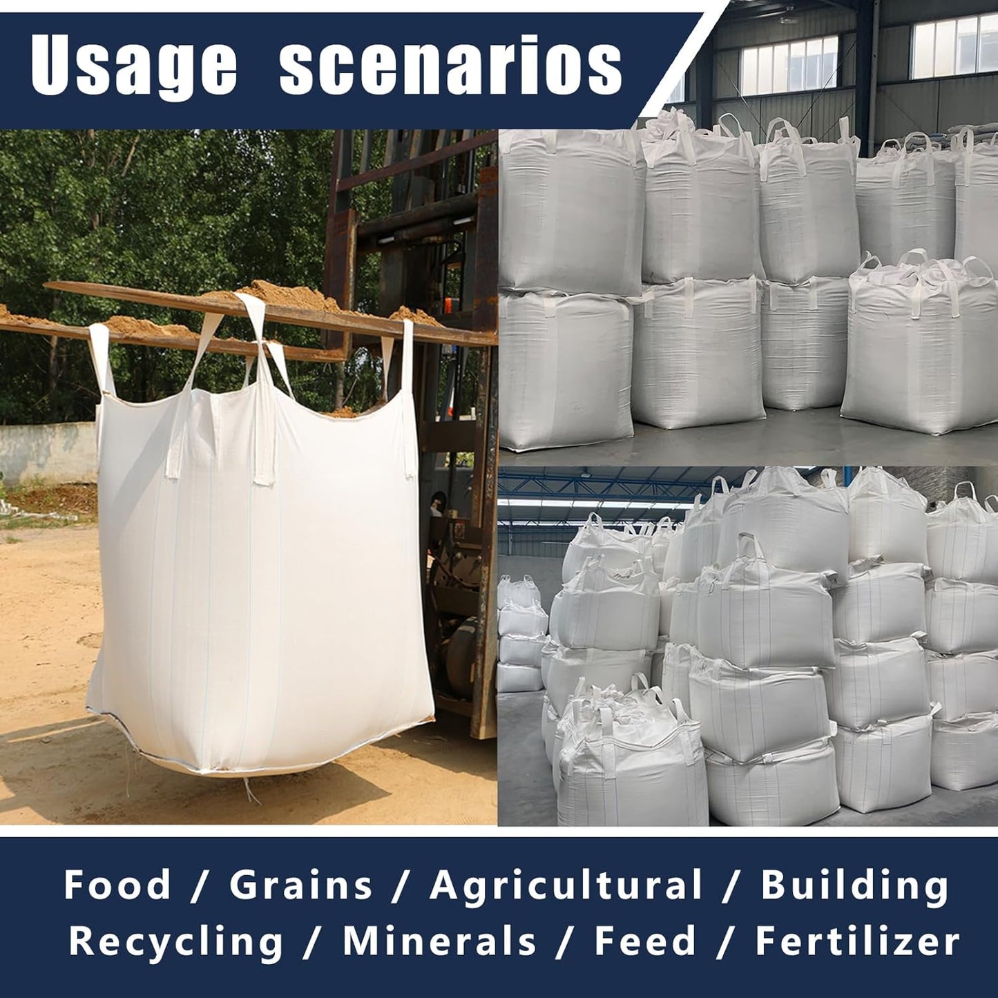 FIBC Bulk Bag - 2650 lbs Capacity, 39x39x39 inches, Polypropylene (PP), Open Top, White, Rectangular, Reusable, 5-Pack