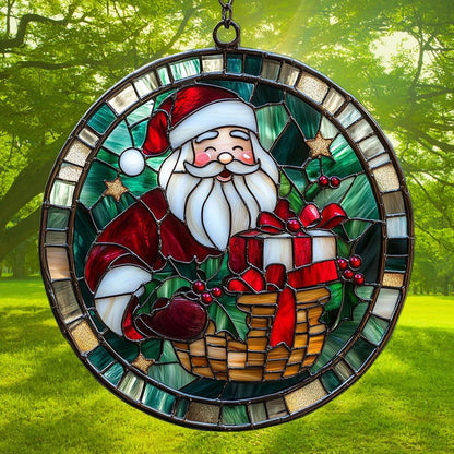Santa Claus and Presents Acrylic Suncatcher Stained Glass Effect Window Car Hanging Christmas Ornament Indoor Outdoor Decor Garden Sun Catcher Panel for Christmas Lover for Women Mom Grandma