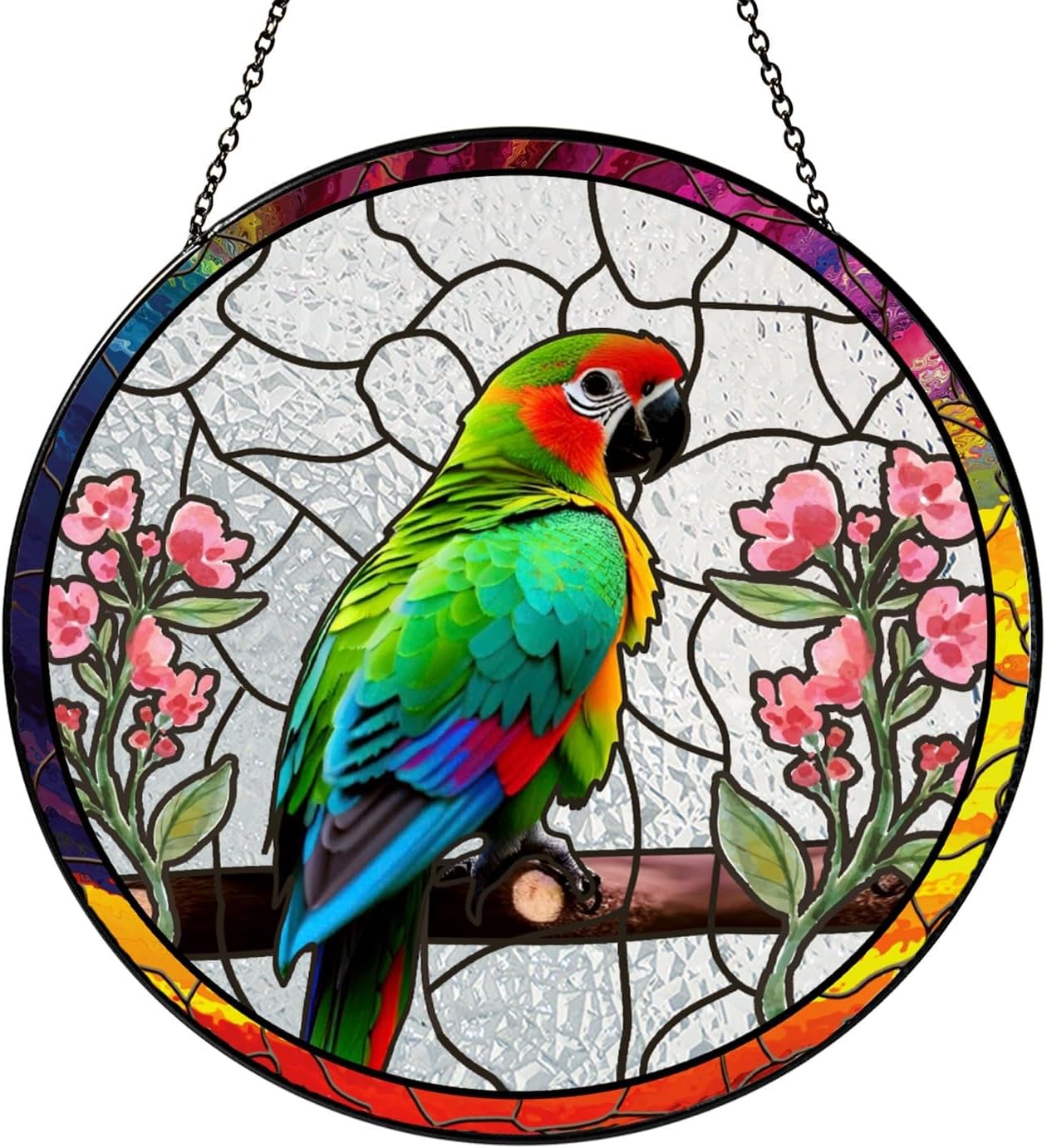 6" Parrot and Flowers Stained Glass Suncatcher Art Glass Bird and Flower for Sun Catcher Indoor Window Gift for Pet Animal Nature Floral Lover Women Mom Friend Painted Glass Panel Décor BIRD-03B-SG6