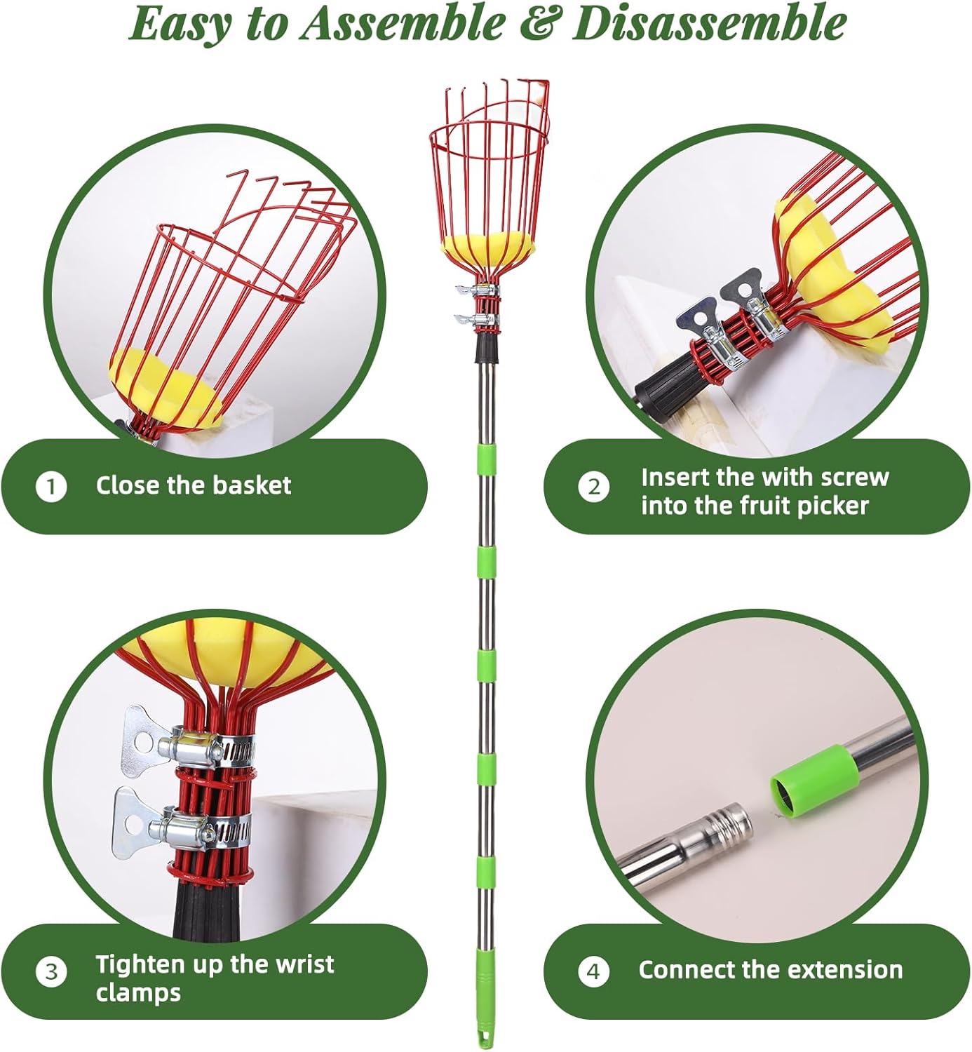 8FT Fruit Picker with Large Basket Telescoping Fruit Picker Pole Foam Padding Prevents Bruising Suitable for Apples Mangoes Pears Oranges Avocados, Red (Pole Included)