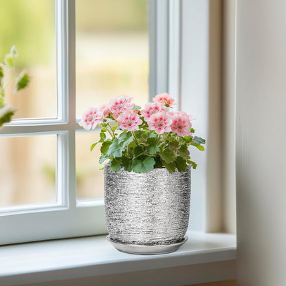 Ceramic Plant Pot 5 Inch - Indoor Planter with Drainage Hole and Saucer, Round Modern Flower Pot for Succulent Plants, Housewarming Gifts, Office Home Desk Decor, Silver