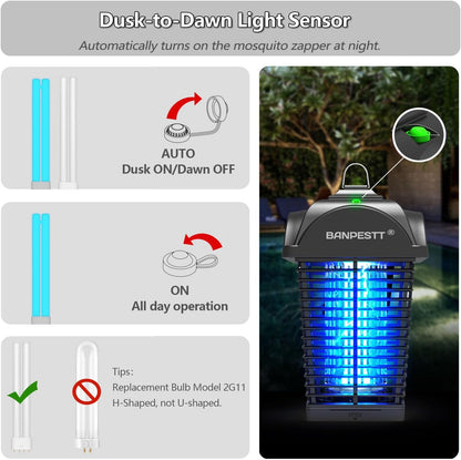 BANPESTT Bug Zapper Outdoor, Mosquito Zapper with Dusk-to-Dawn Light Sensor, Waterproof Fly Zapper, Electric Mosquito Killer for Garden, Patio, Balcony, Courtyard(Black