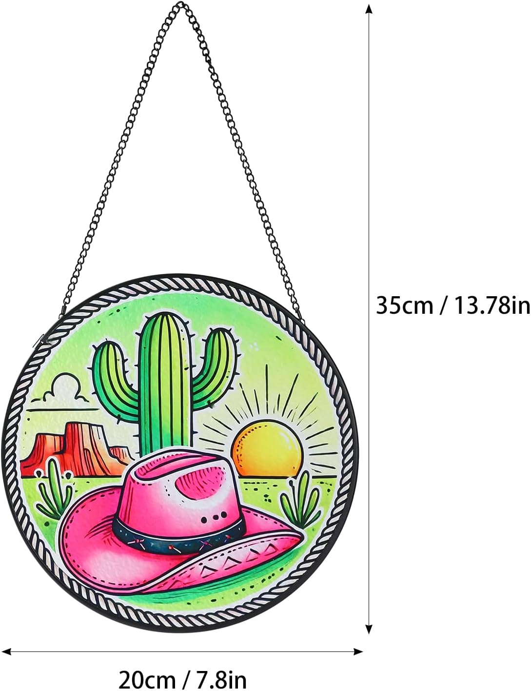 West Cowgirl Cactus Hat Suncatcher Stained Glass Window Hanging with Metal Chain and Hooks 7.8 Inch Indoor/Outdoor Home & Garden Decor Housewarming Gifts
