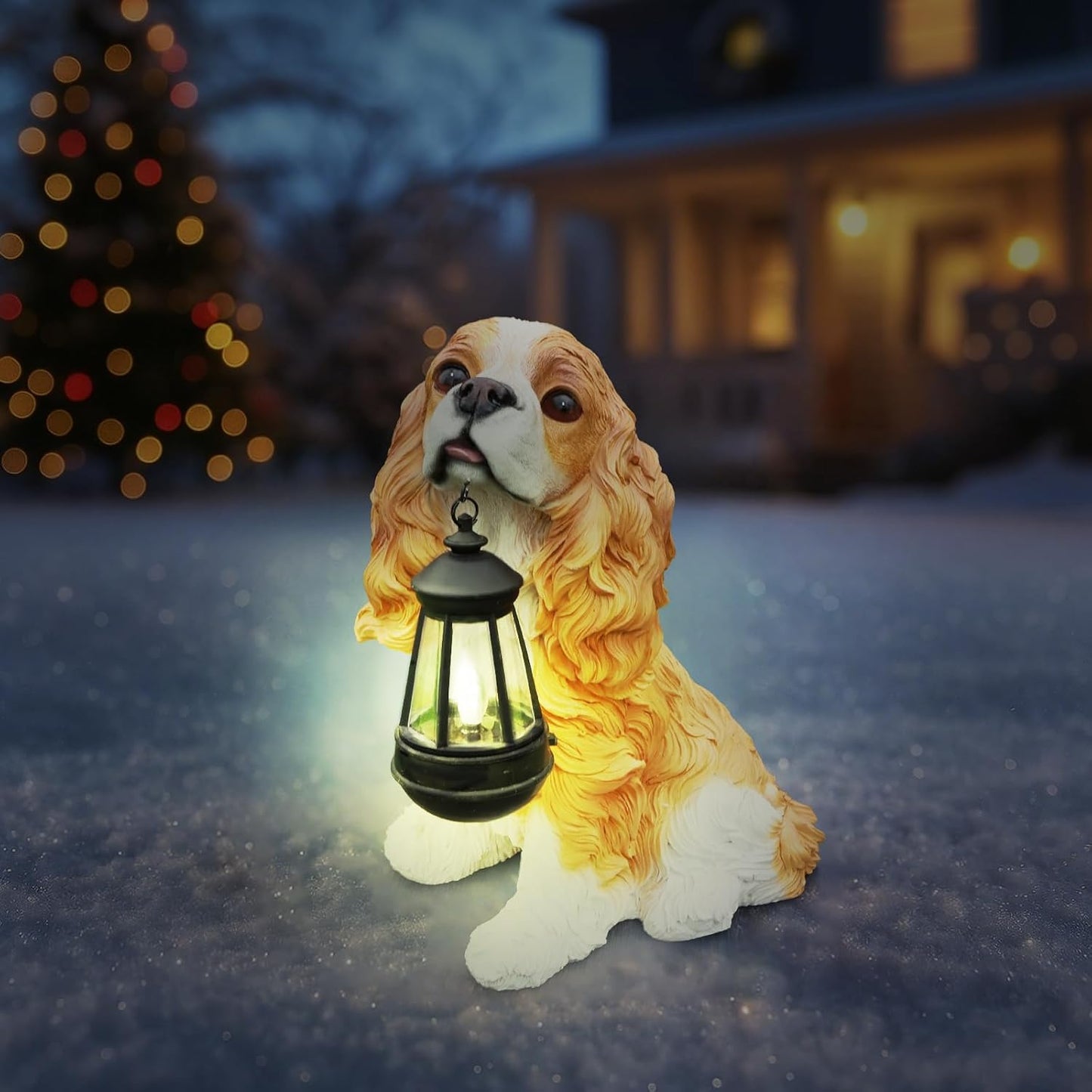 Cavalier King Charles Spaniel Statue Outdoor Decorations – Dog Statues Outdoor Blenheim Cavalier King Charles Spaniel with Replaceable Solar Light & Welcome Sign for Lawn Décor