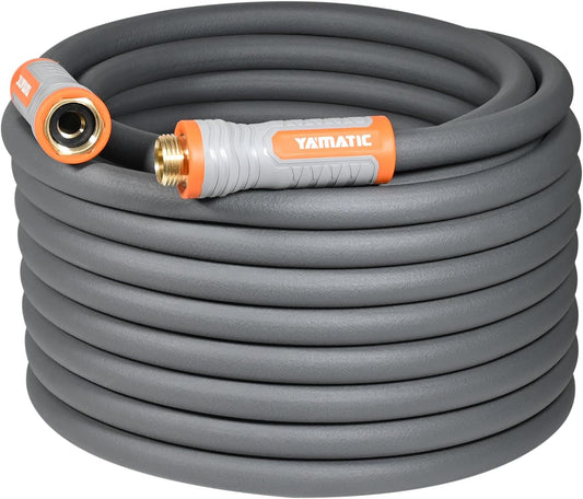 YAMATIC Heavy Duty Garden Hose 5/8 in x 50 ft with Swivel Handle, Super Flexible Water Hose, All-weather, Kink Resistant, Burst 600 PSI, Grey