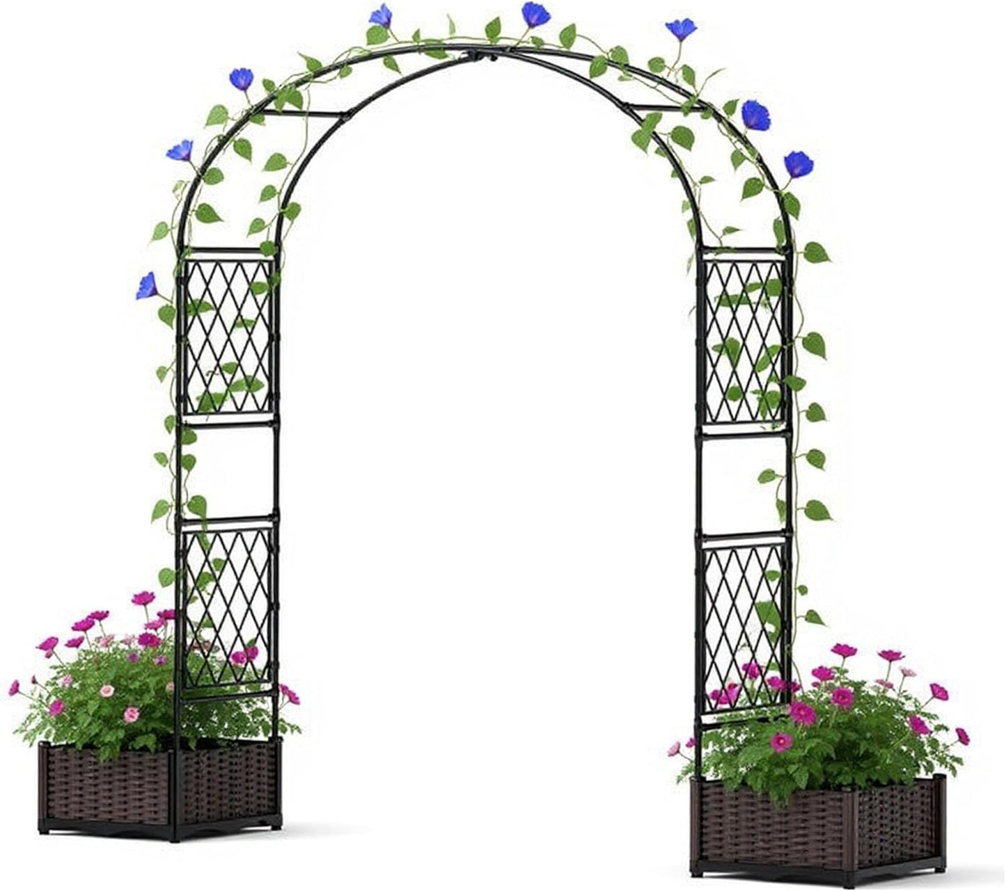 90.5" Garden Arbor with 2 Planter Boxes, PE Coated Metal Garden Arch Trellis for Climbing Plants, Decorative Archway Wedding Arch Frame, Weather-Resistant Arbor Trellis for Lawn Backyard Yard