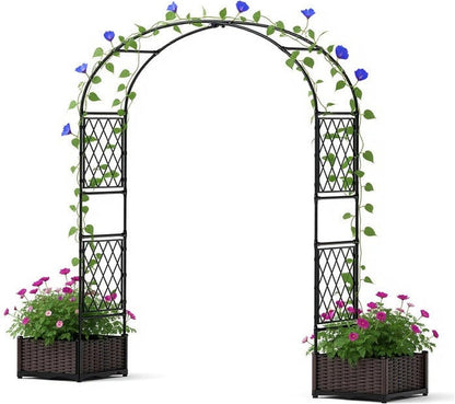 90.5" Garden Arbor with 2 Planter Boxes, PE Coated Metal Garden Arch Trellis for Climbing Plants, Decorative Archway Wedding Arch Frame, Weather-Resistant Arbor Trellis for Lawn Backyard Yard