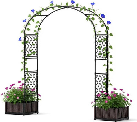 90.5" Garden Arbor with 2 Planter Boxes, PE Coated Metal Garden Arch Trellis for Climbing Plants, Decorative Archway Wedding Arch Frame, Weather-Resistant Arbor Trellis for Lawn Backyard Yard