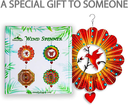 SteadyDoggie Wind Spinner - 12-Inch 3D Stainless Steel Lovebird Design with Heart Pendant - Laser Cut Metal Art Geometric Pattern - Hanging Kinetic Yard Garden Decor