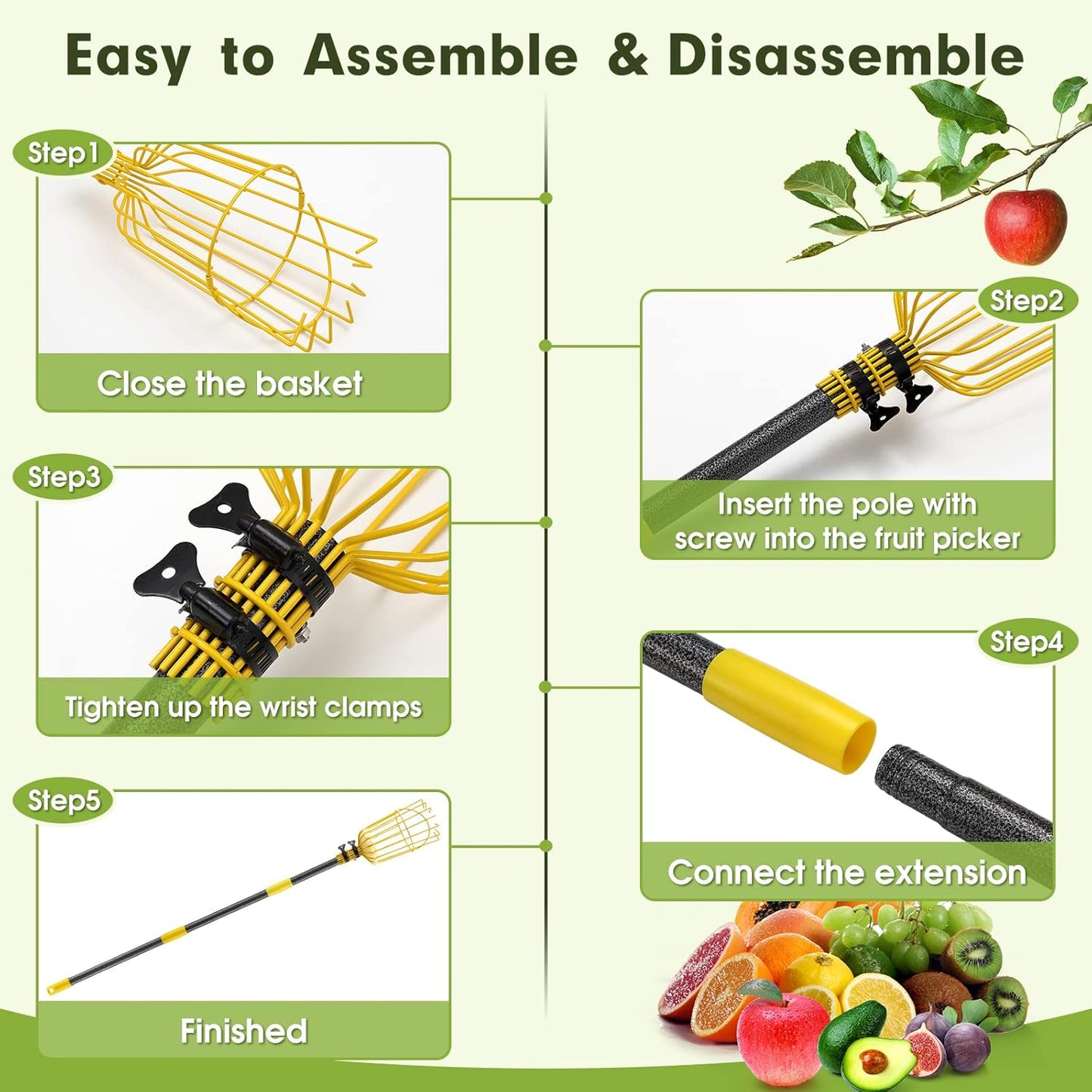 INFLATION Fruit Picker Tool,Apple Picker Pole with Basket,5.5 FT Adjustable Fruit Picker Pole with Basket Telescoping,Sturdy Basket with Foam Pad for Picking Avocado Acorn Lemon Pear Mango……