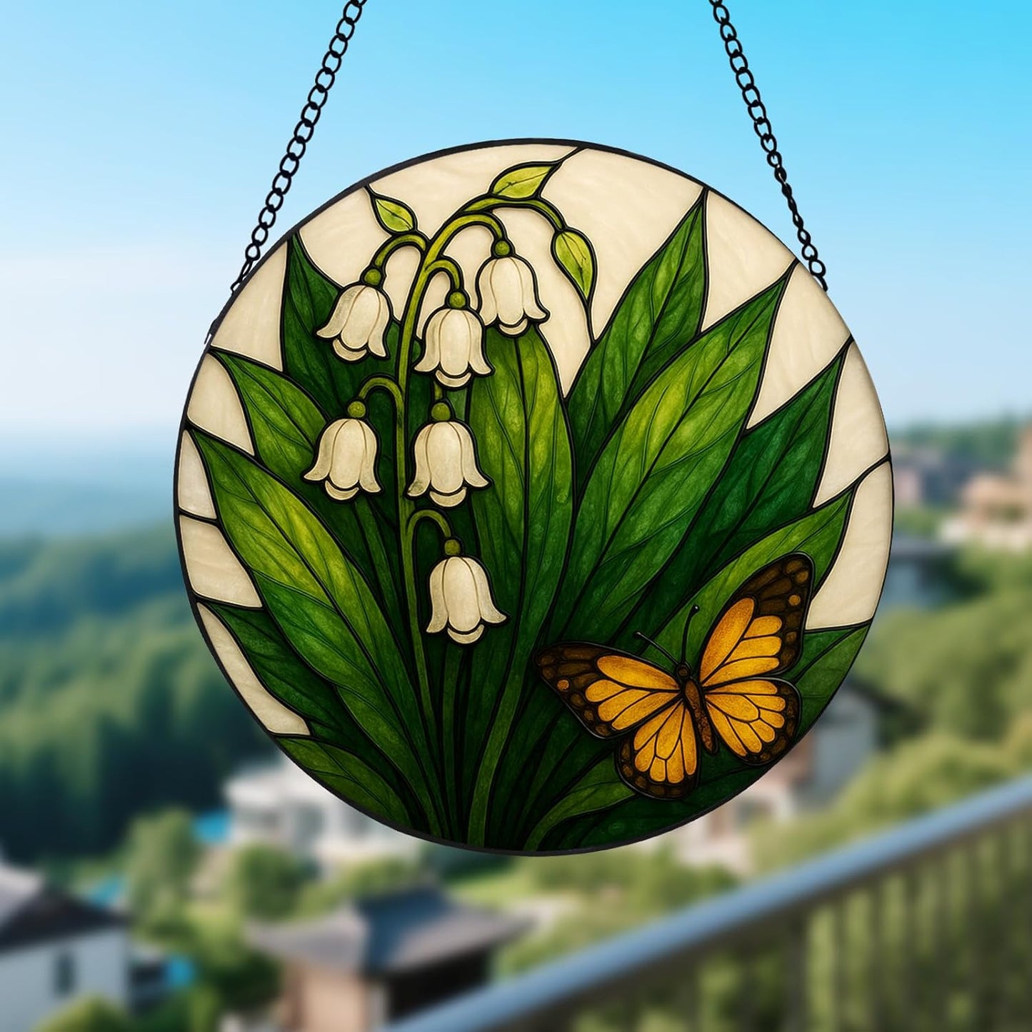 Lily of The Valley & Butterfly Stained Glass Suncatcher - Exquisite Sun Catchers for Windows with Metal Chain — Unique Window Decor, Stained Glass Window Hanging, Thoughtful Gift for Mom (12 Inch)