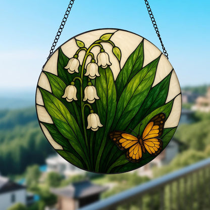 Lily of The Valley & Butterfly Stained Glass Suncatcher - Exquisite Sun Catchers for Windows with Metal Chain — Unique Window Decor, Stained Glass Window Hanging, Thoughtful Gift for Mom (12 Inch)