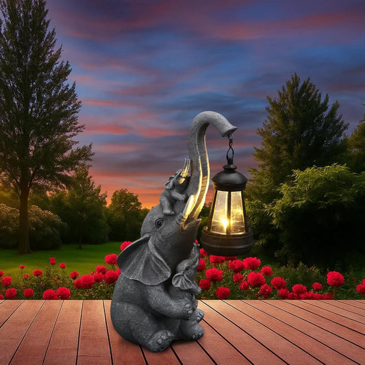 Solar Elephant Garden Lantern Statue Decor - Blessing Guardian, Auto On/Off Weatherproof Resin for Patio, Safari Theme & Good Luck Gift