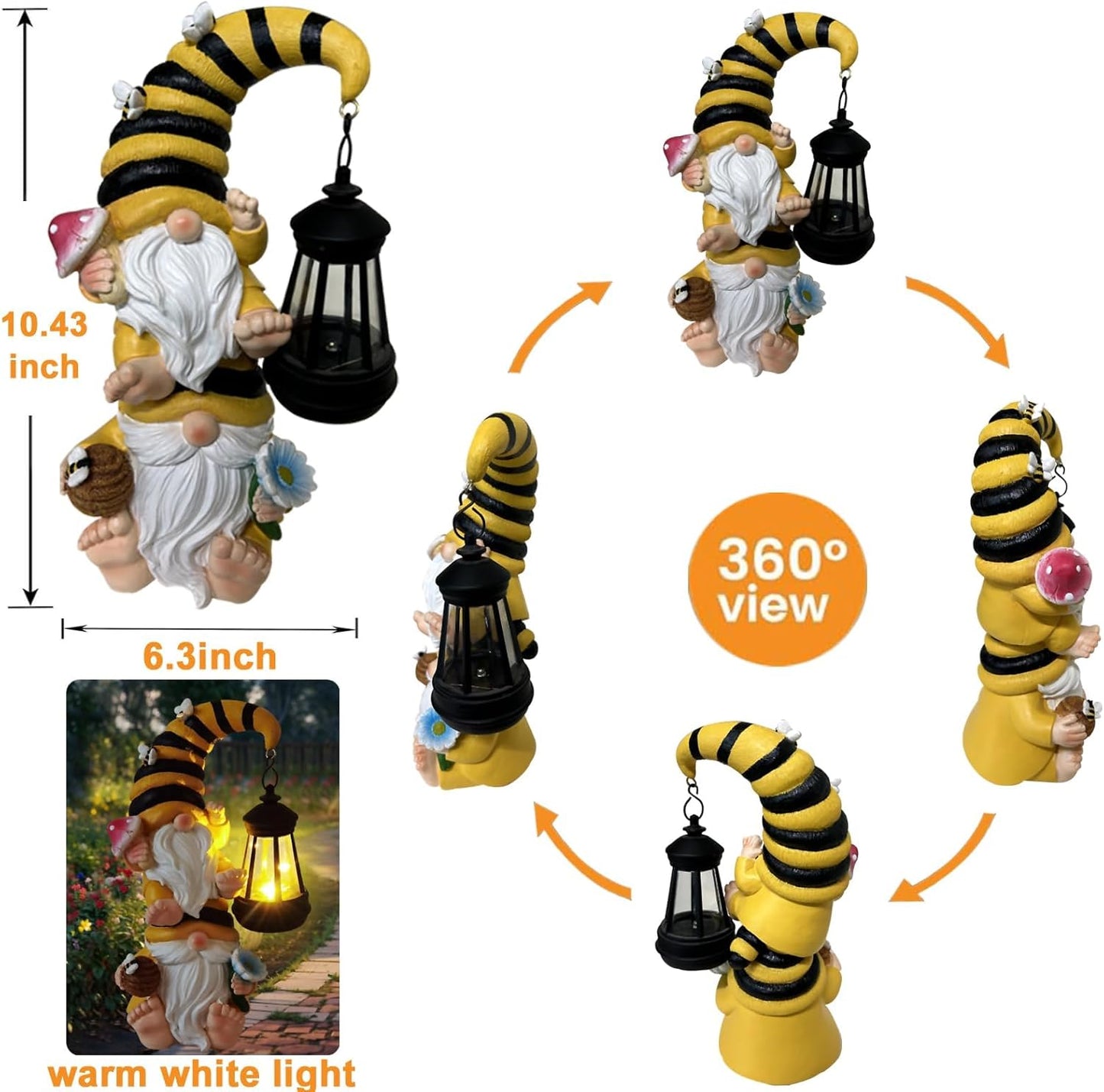 Garden Gnomes Outdoor Statue Solar Bee Garden Gnomes with Led Lantern Outdoor Decor for Yard,Patio,Lawn,Gnome Gifts for Women,Mom,Gnomes Decorations for Yard
