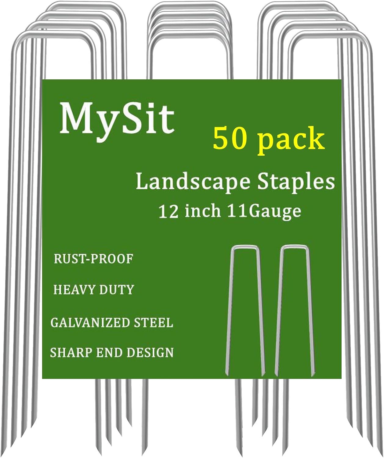 MySit 12" Garden Stakes Pins Landscape Staples 11Ga Tent Stakes 50 Pack, Heavy Duty Galvanized Steel Metal Yard Stakes Ground Lawn Staples Fence Anchors for Weed Barrier Fabric