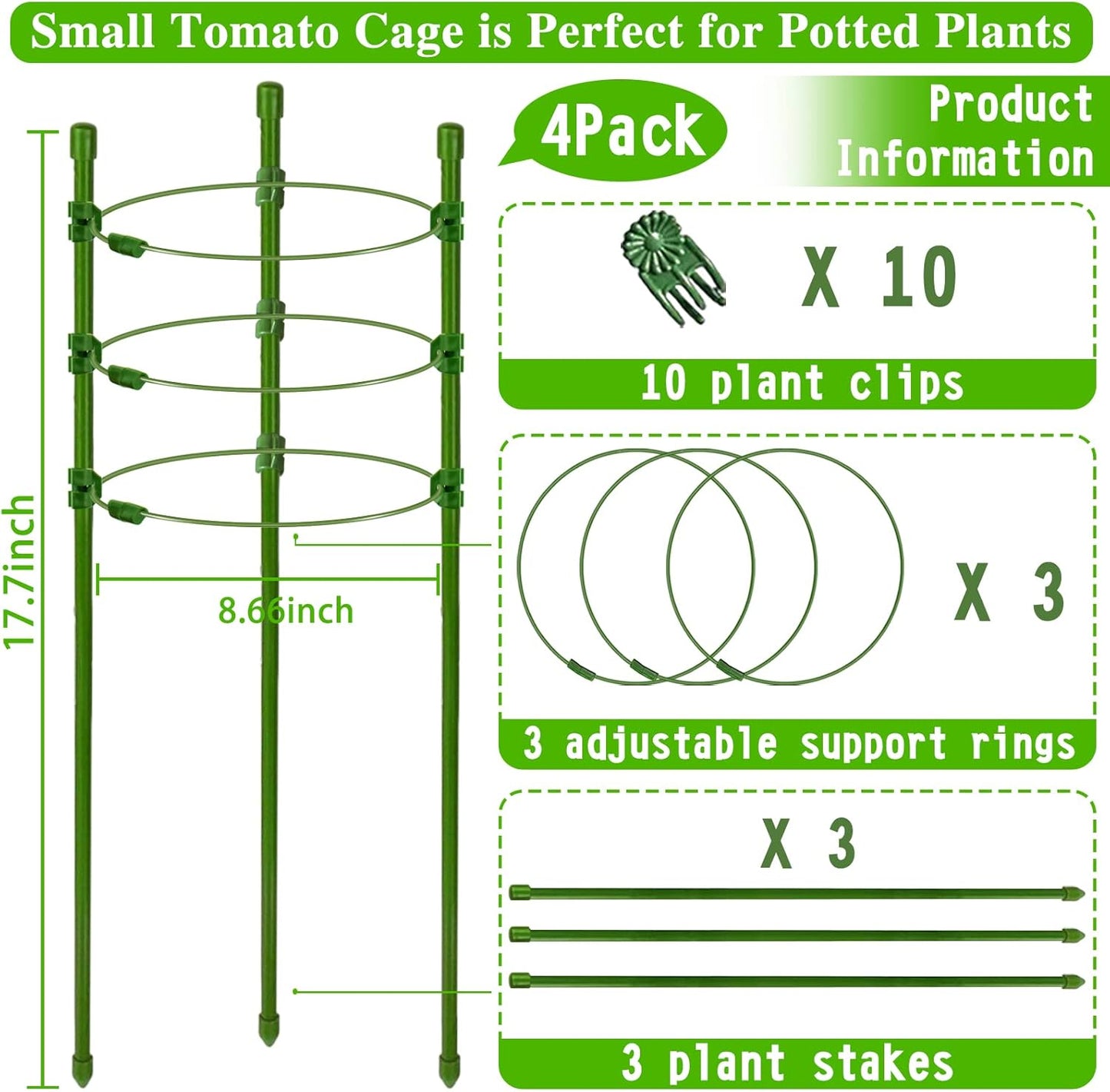 Halatool 4 Packs Tomato Cage Plant Support Cages for Garden 18 inches Adjustable Tomato Cage Cucumber Trellis Plant Support Stakes with 10 Pcs Plant Clips for Climbing Plants, Potted Plants