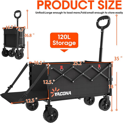 360LBS Heavy-Duty Wagons Carts Foldable 120L Collapsible Wagon Cart with Wheels and Tailgate, Folding Utility Wagon Carts for Groceries, Outdoor Camping, Shopping, Beach, Garden