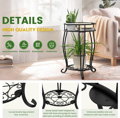 2 Tier Metal Plant Stand Indoor Outdoor , Rustproof Stable Plant Stands Multiple Plant Rack Holder Flower Pot Stand for Living Room Balcony Garden Patio Bedroom (Black, 19.5)
