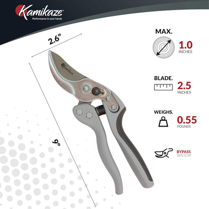 Kamikaze Pruning Shears, Professional Heavy Duty Handheld Clippers with Japanese Steel Titanium Blade, 1" Cutting Capacity, Ergonomic Handle Reduces Fatigue & Boosts Efficiency – Arthritis-Friendly