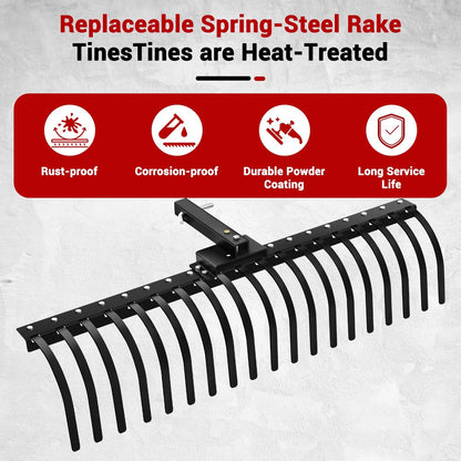 55" Durable Tow Behind Landscape Rake Tractors Rake Fits 2" Receiver for Lawn Tractors or ATV/UTV，Black