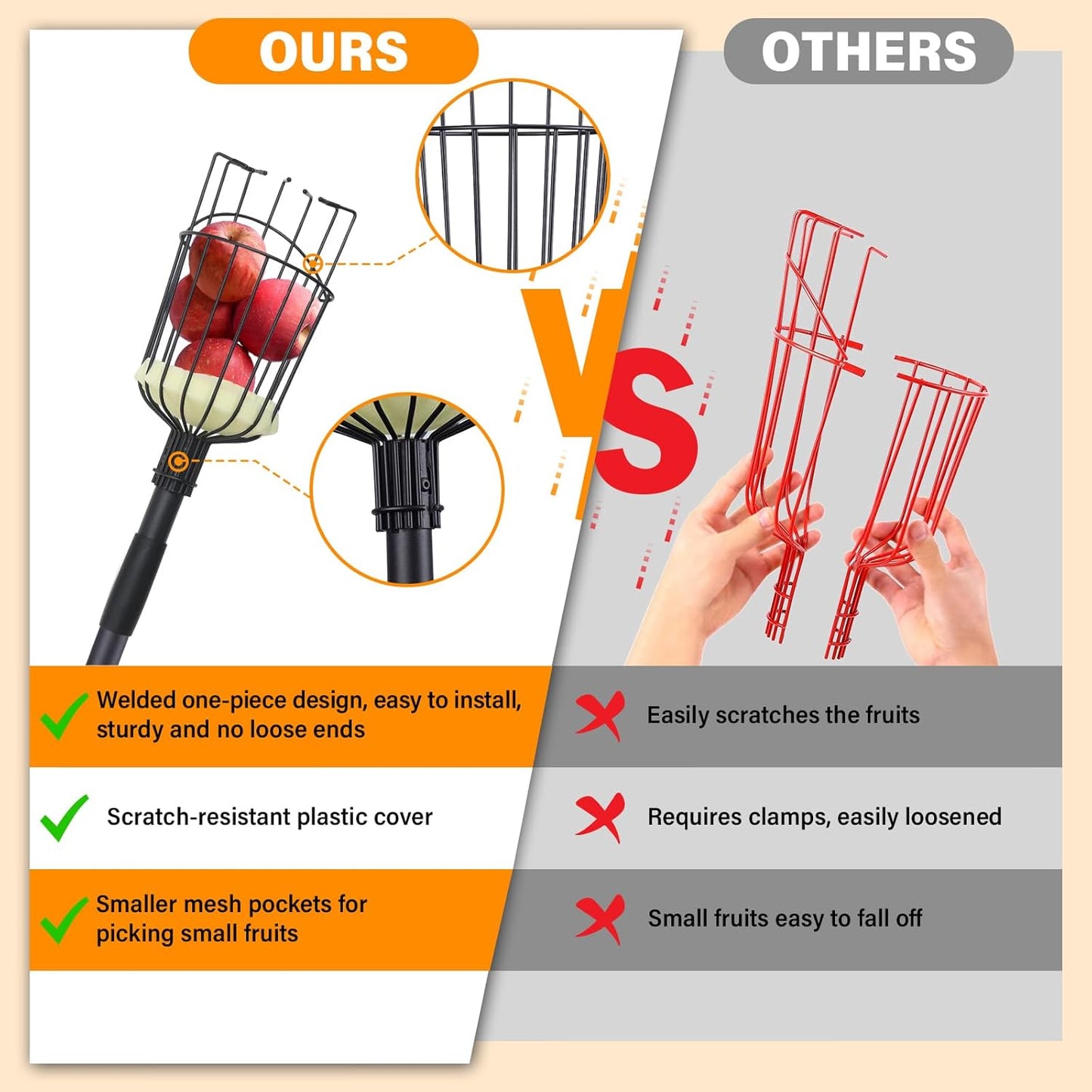 Fruit Picker Pole Tool with Basket, 9.6 FT (116 Inch) Adjustable Fruit Grabber Reacher Tool Long Handle Fruit Catcher for Apple Lemon Pear Citrus Mango Tree Gardening Supplies, Black