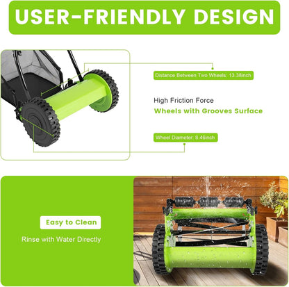 Push Lawn Sweeper, 12 Inch 5 Blade Manual Push Reel Lawn Mower with 23L Collection Bag, Adjustable Push Lawn Sweeper Grass Catcher Outdoor Power Tools for Picking up Leaves, Grass and Debris on Lawns