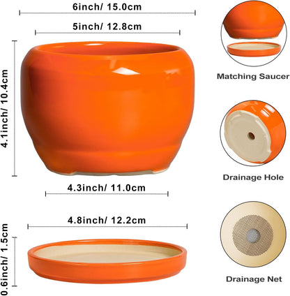 SQOWL Ceramic Plants Pots - 6 Inch Planter Indoor with Drainage Hole and Plant Saucer, Modern Round Planter Outdoor, Decorative Succulent Pot, Home Decor, Housewarming Gifts, Orange
