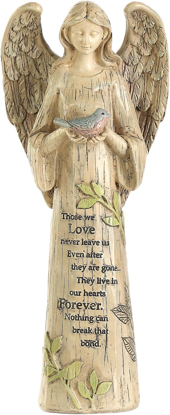 Topadorn Angel Statue Decoration for Garden & Home, Standing Angel with Bird Memorial Resin Figurine Sculpture Ornament, Waterproof Antique Stone, 10''H