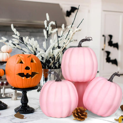 Artmag 6 Inch Large Artificial Pink Pumpkins, 4PCS Faux Foam Harvest Pumpkins for Fall Autumn Thanksgiving Seasonal Holiday Decor