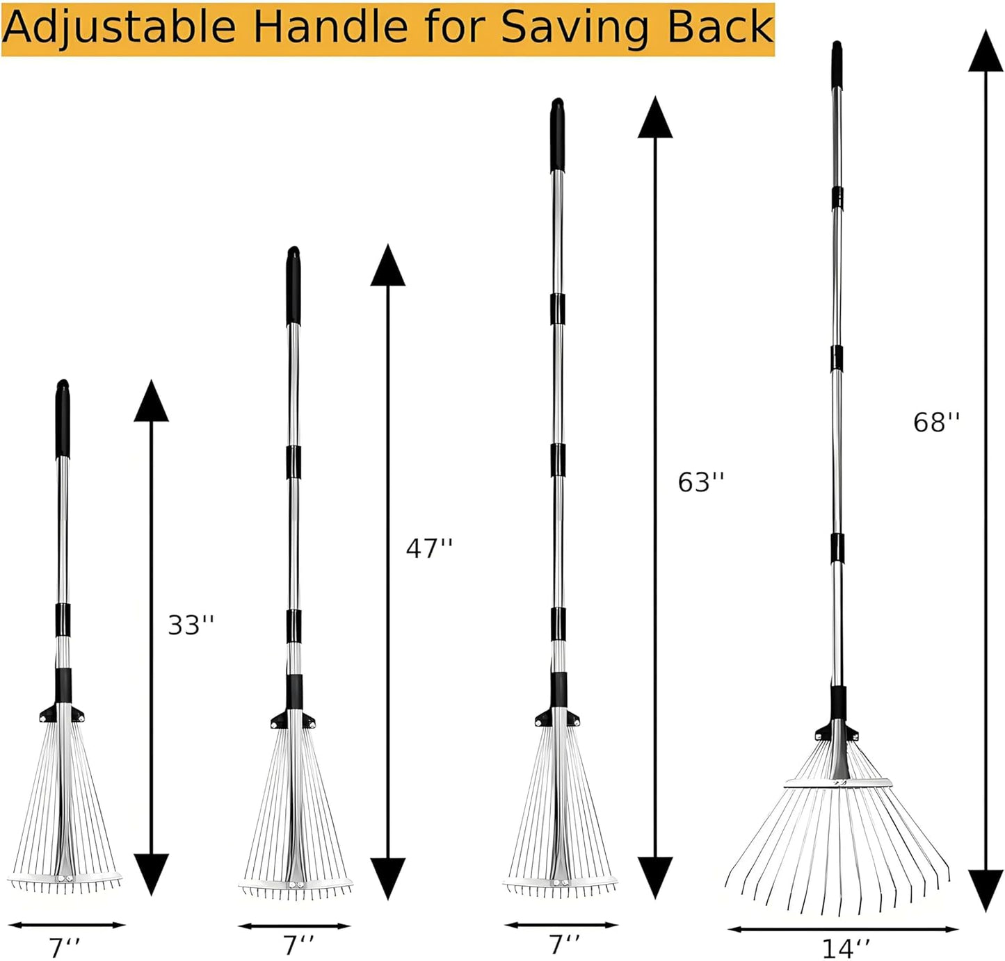 Leaf Rake for Lawns with 53 Gallon Dustpan-Type Leaf Bags,Heavy Duty Metal Garden Yard Rake Long Handle with Expandable Head 7-14" for Gardening Outdoor Camping Shrub Grass Bush Weed