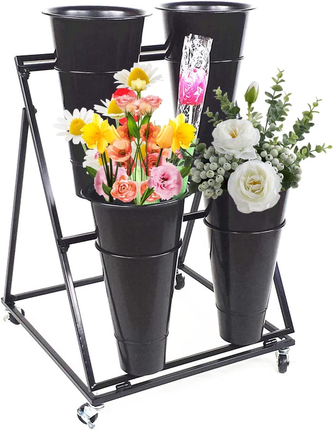 Flower Display Stand, Mobile Plant Cart shelve with Wheels, with Plastic Buckets, Easy to Install, Stepped Plant Stand, Suitable for Indoor and Outdoor Balcony Courtyard Garden Art Exhibitions ( Color