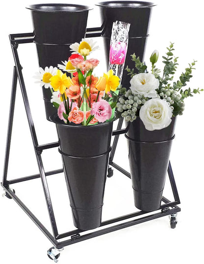 Flower Display Stand, Mobile Plant Cart shelve with Wheels, with Plastic Buckets, Easy to Install, Stepped Plant Stand, Suitable for Indoor and Outdoor Balcony Courtyard Garden Art Exhibitions ( Color