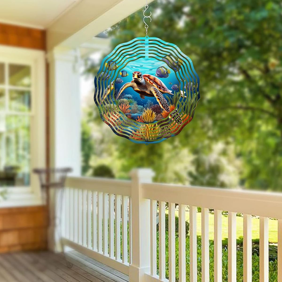 3D Sea Turtle Wind Spinner 10 Inch Ocean Theme Metal Art Stainless Steel Kinetic Art Hanging Spinner for Indoor and Outdoor Garden Decoration