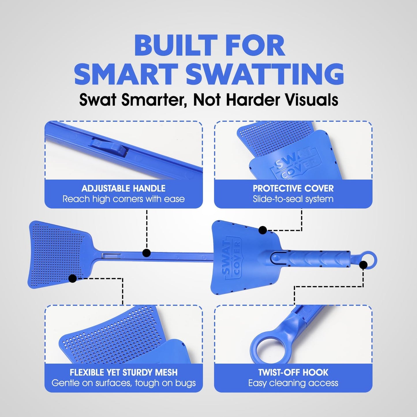 Improved Fly and Bug Swatter w/Integrated Cover, Flexible Bug Smasher for Flies and Bugs Swatting, Surface-Friendly Design, Adjustable Racket Handle - Fly Swatter for Indoors (Pack of 2)