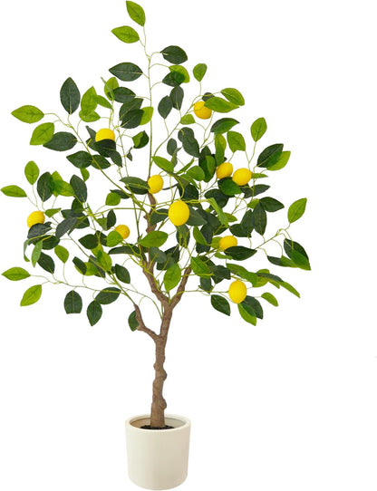 Artificial Lemon Tree, 4ft Tall Fake Lemon Silk Plant with White Planter, Faux Lemon Plastic Fruit Tree for Indoor Home Decor Office Living Room