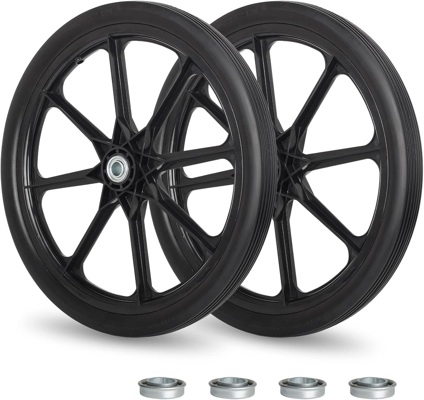 20" Flat Free Tire and Wheel, with 3/4" & 5/8" Bearing, 2.45" Centered Hub, Replacement Wheel For Rubbermaid Wheelbarrow, Garden Yard Cart, 2 Pcs