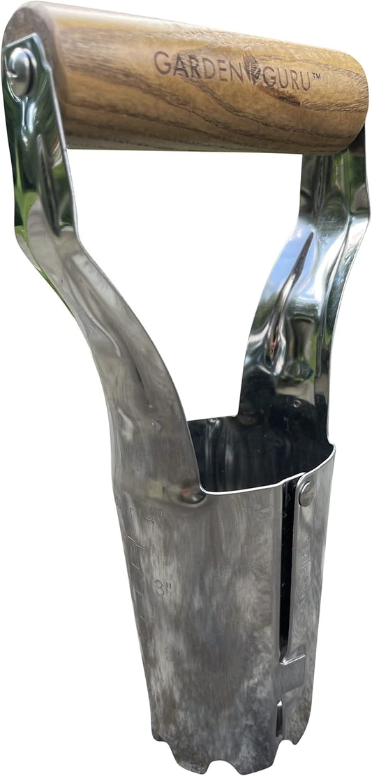 Garden Guru Eco Bulb Planter - 100% Recycled Stainless Steel - Rust Resistant - FSC Certified Wood Ergonomic Handle - Depth Marker for Consistent Planting Flowers Tulips, Dahlias - 1 Case (24 Pcs)